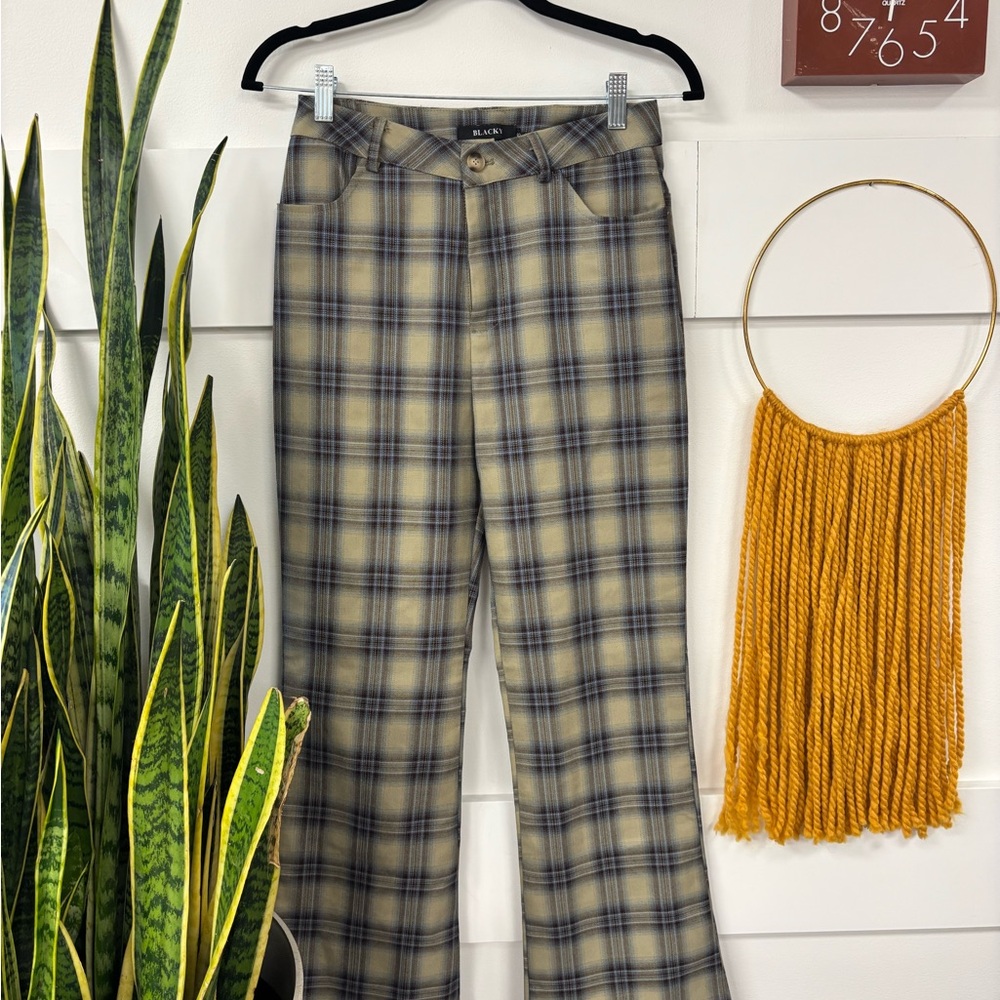 Black Plaid Trousers with Button Detail